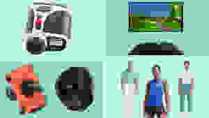 From left to right, top to bottom: A Callaway EZ Laser Rangefinder on light green background, OptiShot 2 Golf Simulator for Home on a teal background, a Krack'in 2.0 and Garmin Approach S12 golf GPS golf watch on a teal background, and two men and a woman wearing lululemon activewear on light green background.