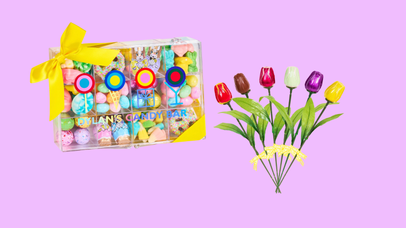 Left: Box with six compartments of colorful chocolates. Right: chocolate tulips laid out in a row