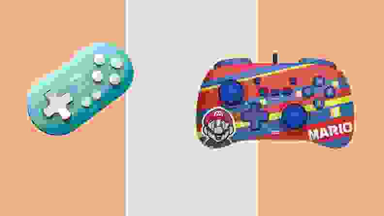 The 8Bitdo controller and a Mario controller for the Nintendo Switch.