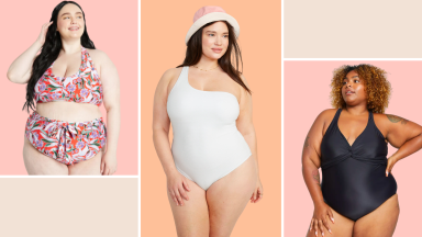 Three models wearing plus size swimwear