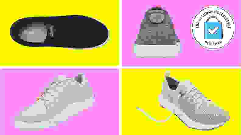 Four different styles of Allbirds shoes.