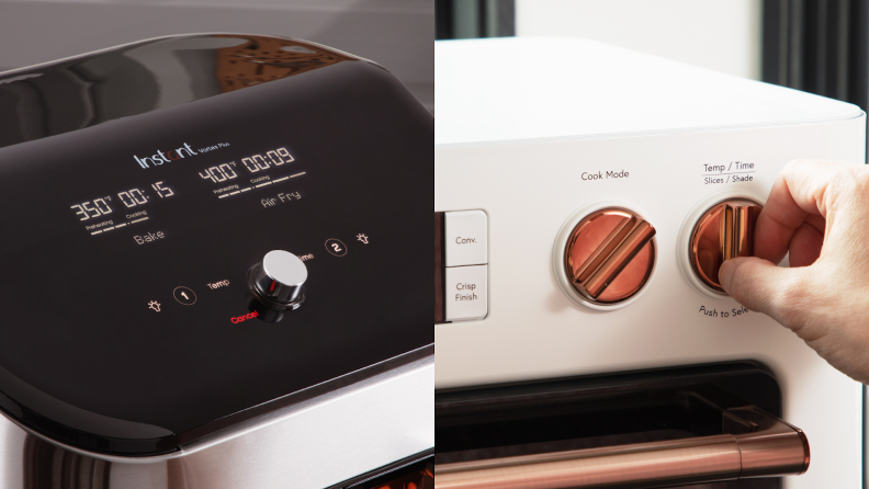 A photo collage of two settings control panels on two different air fryers.