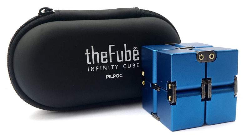 A blue cube toy sits next to its black carrying case.