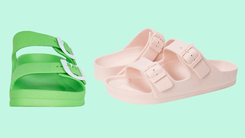 Slippers in green and pink.