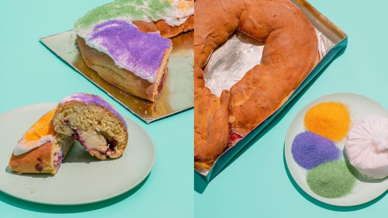 On left, a King Rex King Cake completed, with slices on a palte. On right, a King Rex King Cake Kit, with unfrosted cake and decorations plated on the side.