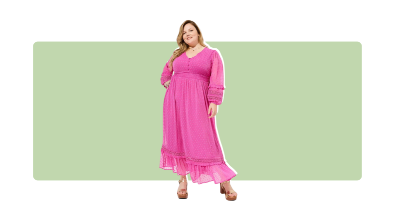 A pink chiffon maxi dress with a dot pattern.