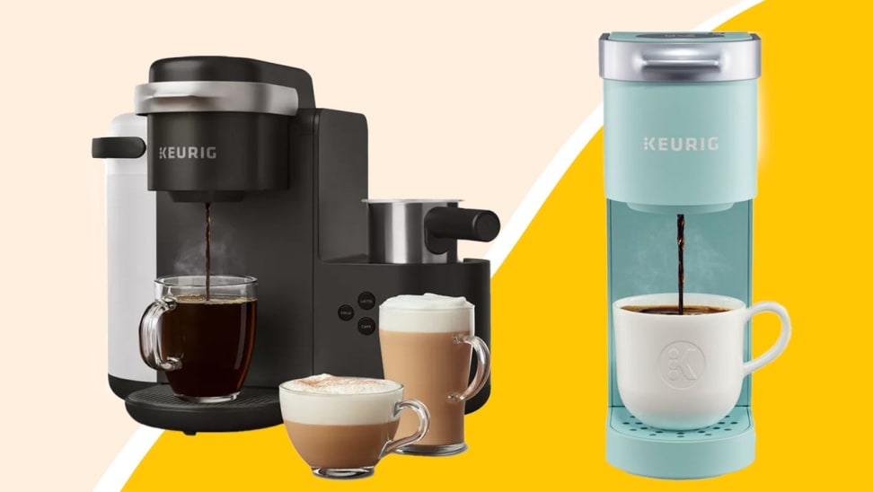Two Keurig coffee makers next to hot cups of coffee.