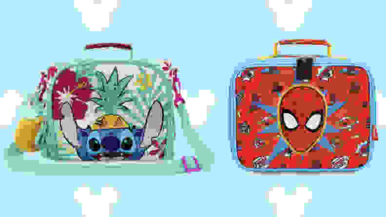 spider max lunch box and lilo and stitch lunchbox on blue disney background