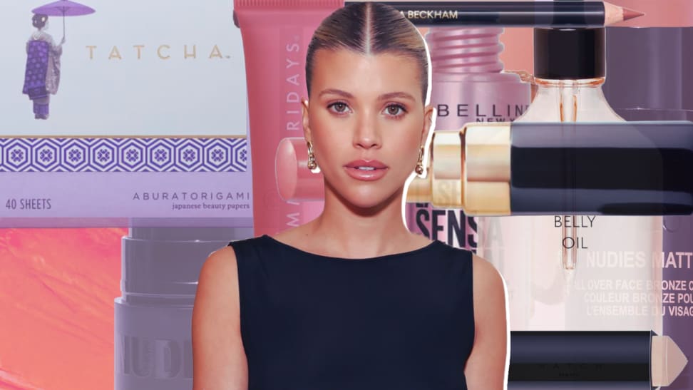Collage featuring Sofia Richie surrounded by some of her favorite beauty products.