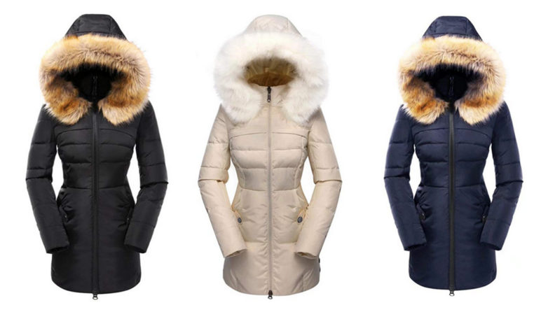 Image of three heavy coats with faux fur hoods: the first is black, the middle is white, and the last is dark blue.