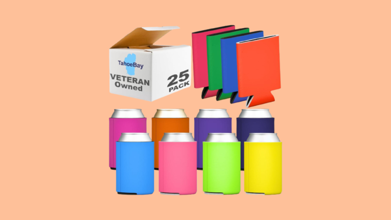 Koozies, koozies on cans, and package against orange background