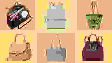 A black purse open showing several notebooks, pens, and a cup with a lid and straw against an orange background in the upper left. A light blue leather backpack against a yellow background in the upper middle grid. A handbag patterned with green ferns against an orange background in the upper right corner. A wine red leather backpack in the bottom right corner against a yellow background. A beige handbag against an orange background in the bottom middle. A light orange and wicker handbag against a yellow background in the bottom left.