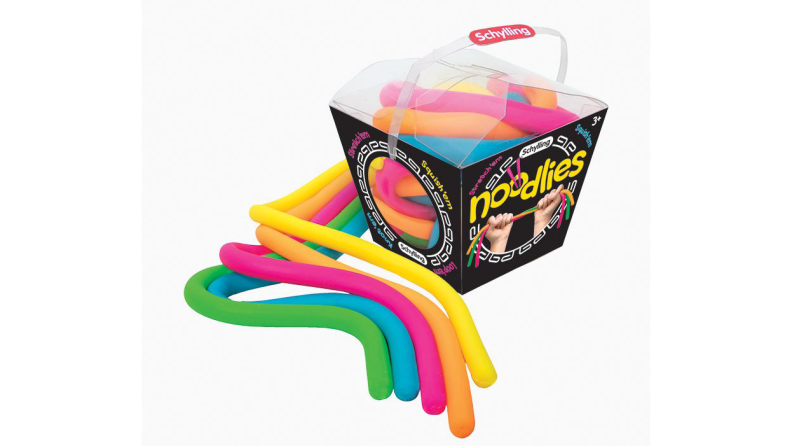 A bucket full of colorful noodle toys.