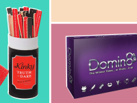 red and black Kinky Truth or Dare game and purple Domin8 game on a color-block background.
