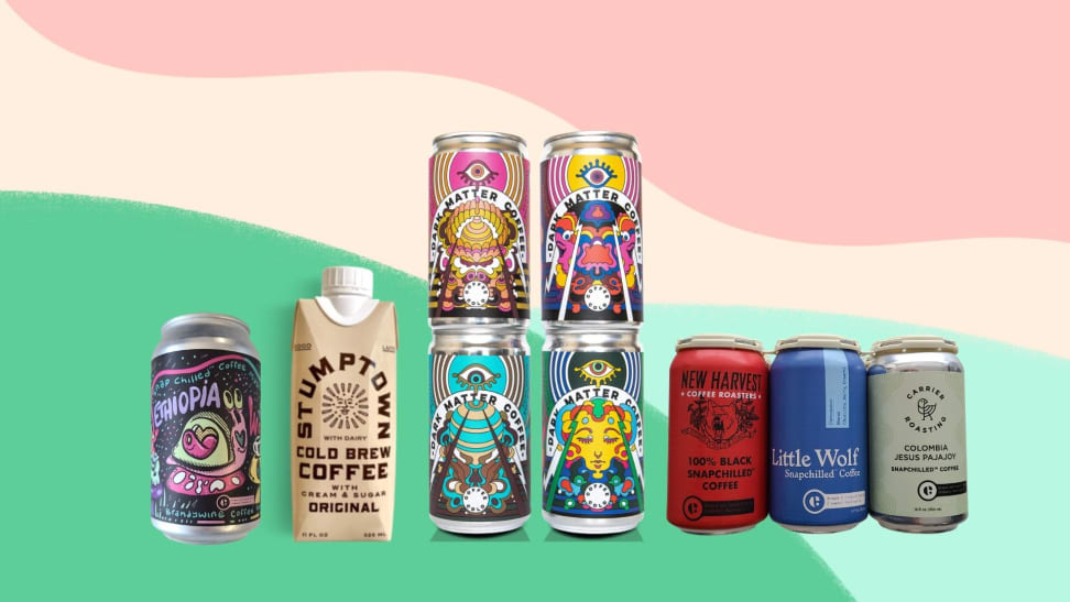 Assorted canned coffees on a colorful green and pink background.