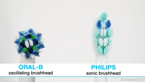 An oscillating Oral-B electric toothbrush head next to a Philips Sonicare electric toothbrush head. Both are in motion, demonstrating the differing mechanisms between them.