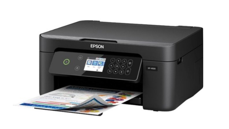 An image of a black Epson printer with the tray pulled out and several printed documents sitting on the tray.