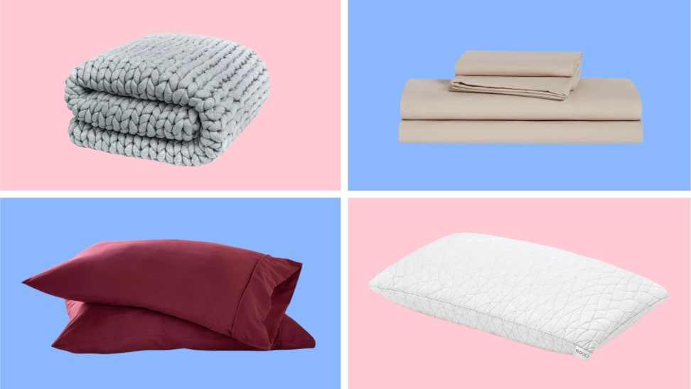 A collection of bedding items in front of colored backgrounds.