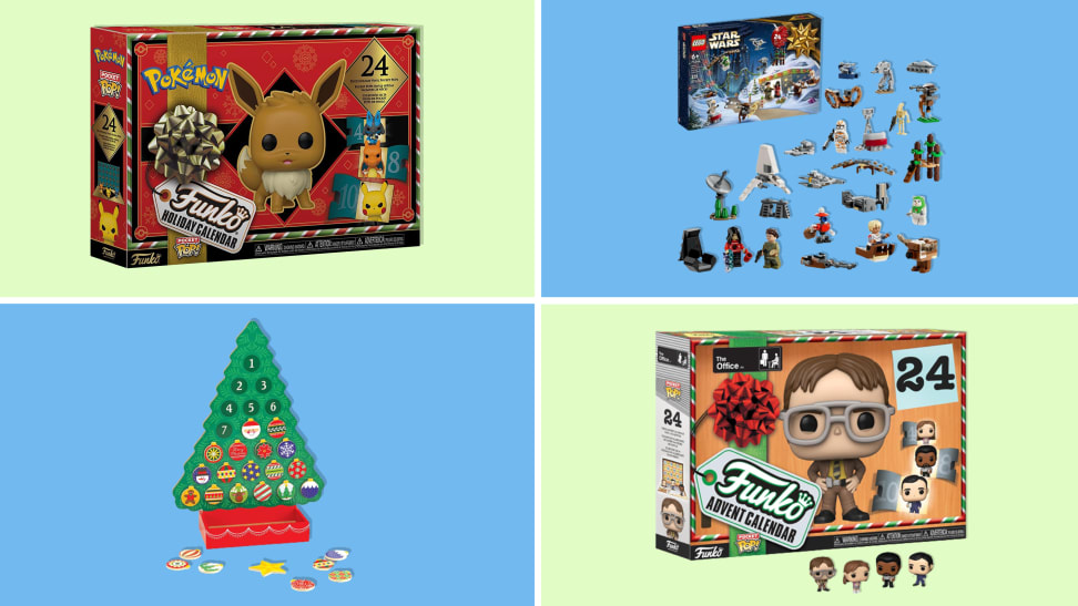 A selection of advent calendars on sale on blue and green background.