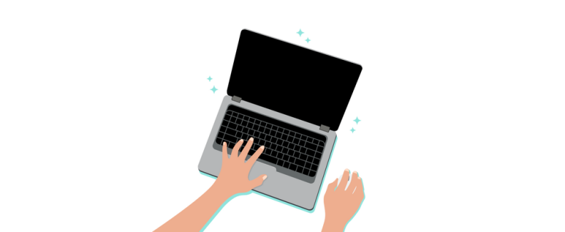 Graphic of a laptop with two hands typing.
