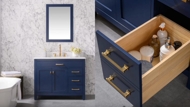 On left, navy blue vanity set in bathroom. On right, drawer on vanity set opened with toiletries inside.