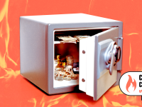 An open safe with money in it sits on a fiery orange illustrated background