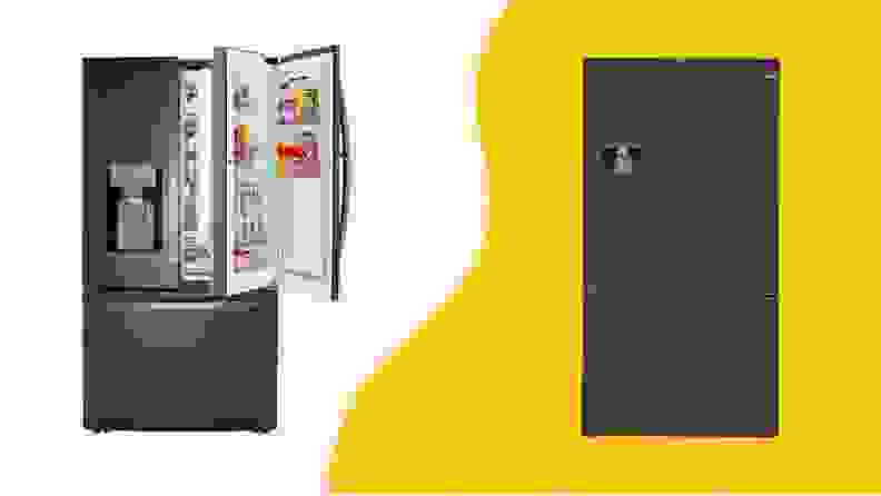 Two refrigerators against a yellow background.