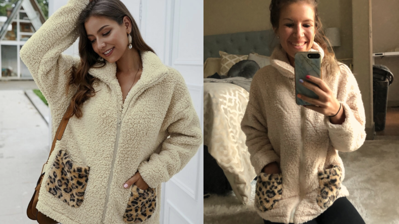 Collage of a model wearing a white teddy coat with leopard pockets and the author wearing the same coat.