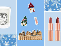 Collage with an advent calendar from Etsy in the center and two advent calendar gift ideas, a Baies candle and Sephora mini lipsticks.