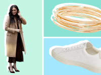 On left, Meghan Markle in tan peacoat, black dress and stiletto heels. On right, gold stacked rings and white sneaker.
