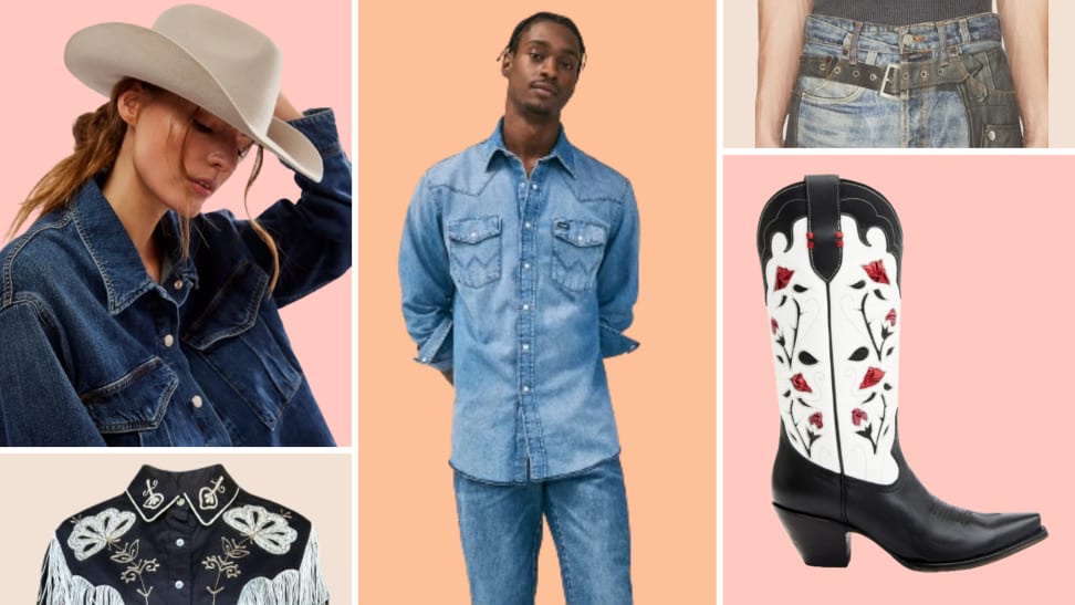 A model wearing a cowboy hat, a detail shot of a western shirt with fringe, a model wearing a denim western shirt, a detail of a pair of jeans with chaps, and a decorative cowboy boot.