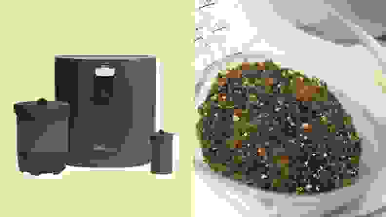 The Vitamix Eco 5 FoodCycler next to a plastic measuring cup with compost in it.