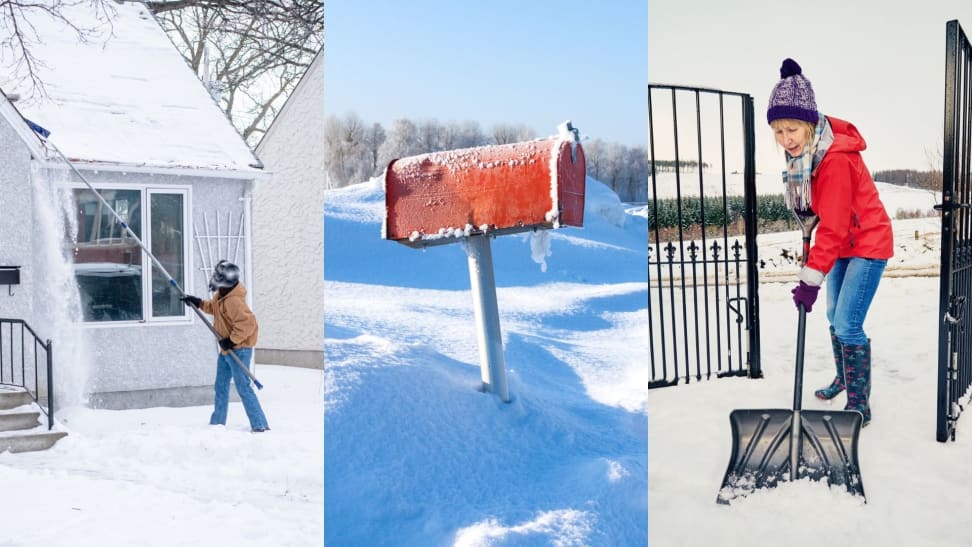 (1) A person clears snow from their roofline. (2) A frozen-over mailbox sticks out of snow. (3) A person shovels snow out of a path.