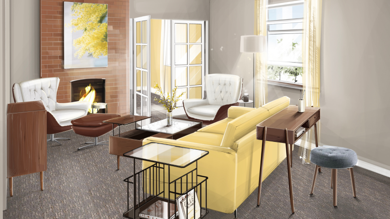Rendering of a colorful sitting room.