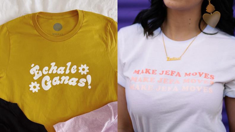 Two t-shirts with captions.