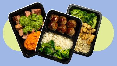 Three plastic containers filled with meat, broccoli and rice from Fuel Meals.