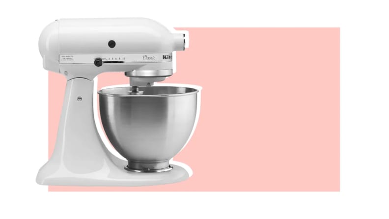 Close up of a white stand mixer.