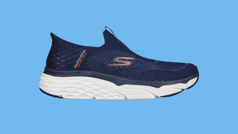 Skechers Max Cushioning Advantageous Slip-Ins on a blue background.