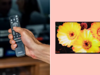 A Sony A80K TV with flowers on it next to a person holding a Sony X95K remote with a TV in the background.
