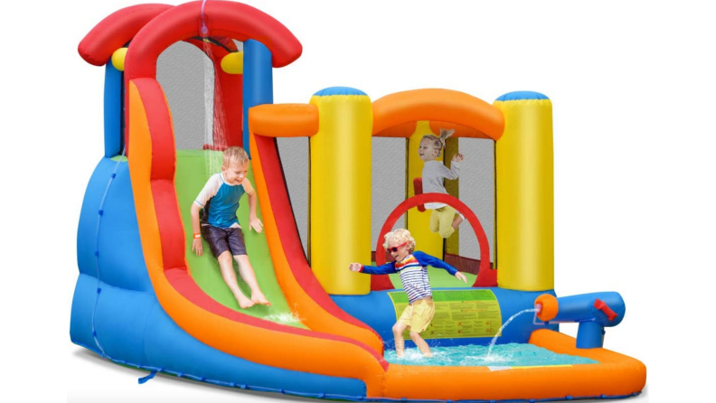 Multi-colored Bountech Inflatable Bounce House, 6-in-1 Water Slide with children playing on it.