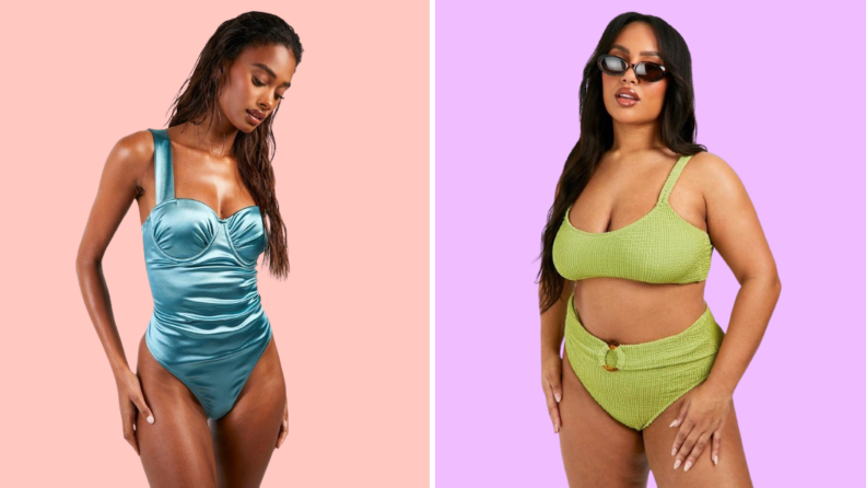 A model wearing a satin blue one-piece bathing suit, and a model wearing a green bikini.