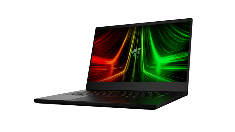 A three-quarter view of a black laptop