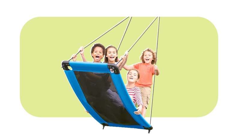 A Hearthsong sensory swing on a colorful background