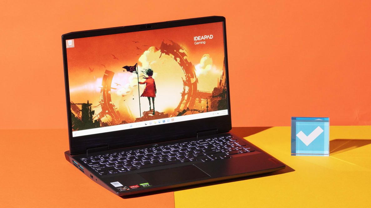 The Lenovo IdeaPad Game 3 on an orange background.