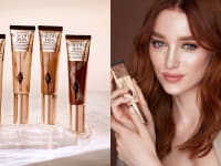 On the left: Four squeeze tube bottles of foundation in different shades stand in a line. On the right: Actress Phoebe Dynevor smiling at the camera and holding a squeeze tube of foundation.