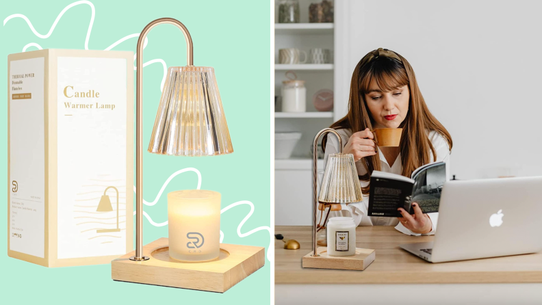 On left, product shot of gold CRD Candle Warmer Lamp. On right, person sitting at kitchen counter while reading book in front of the gold CRD Candle Warmer Lamp.
