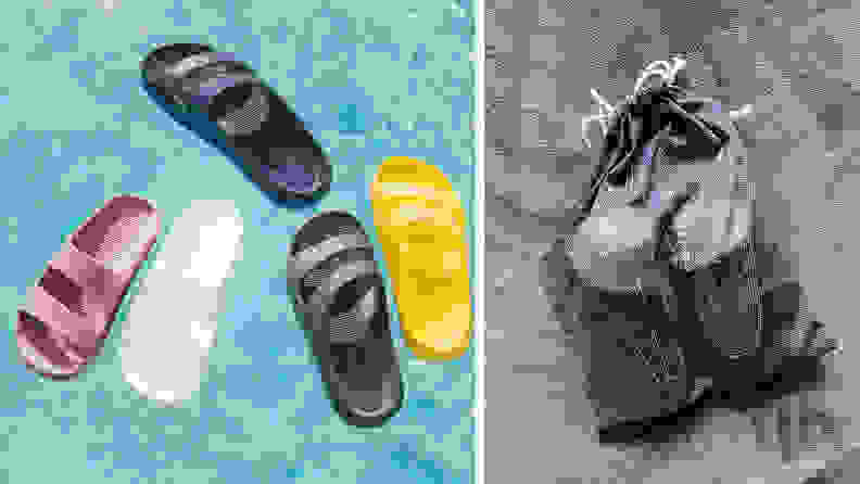 A mesh bag with Bombas slides in them, and also a photograph of different colored sandals floating in a pool.