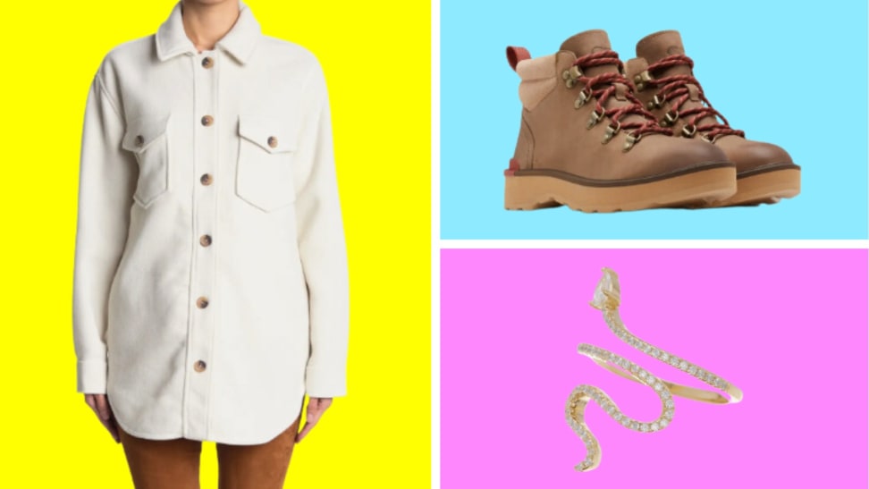 Three fashion items in front of colored backgrounds.