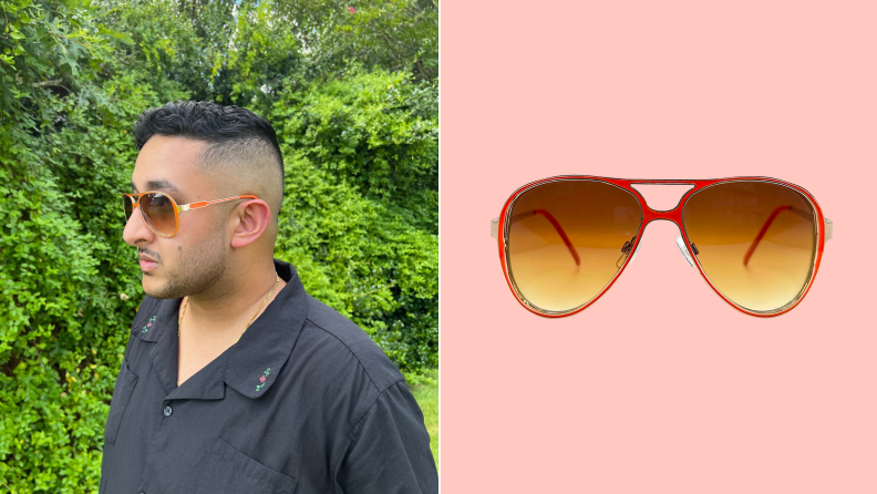 The author wearing orange aviator sunglasses, and a product shot of the same style.