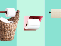 A basket full of toilet paper, a wall attachment in pink, and a toilet paper stand appear together.
